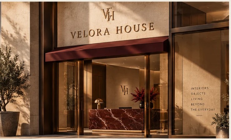 Velora House storefront after the rebrand — burgundy awning, brass signage and marble reception