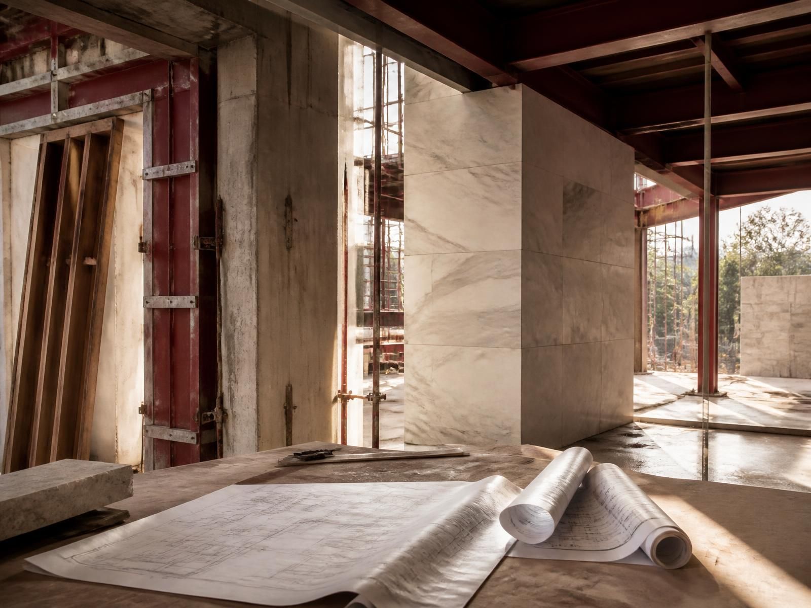 High-end construction site with drawings on a work table in evening light