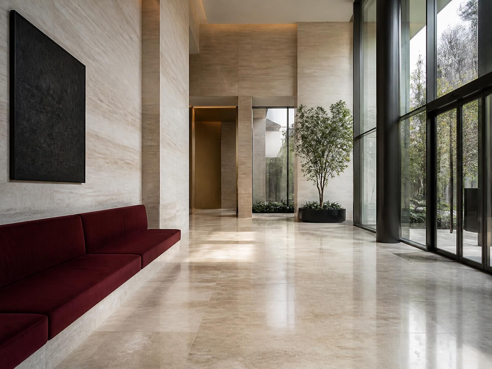 Corporate headquarters lobby in travertine with a burgundy bench