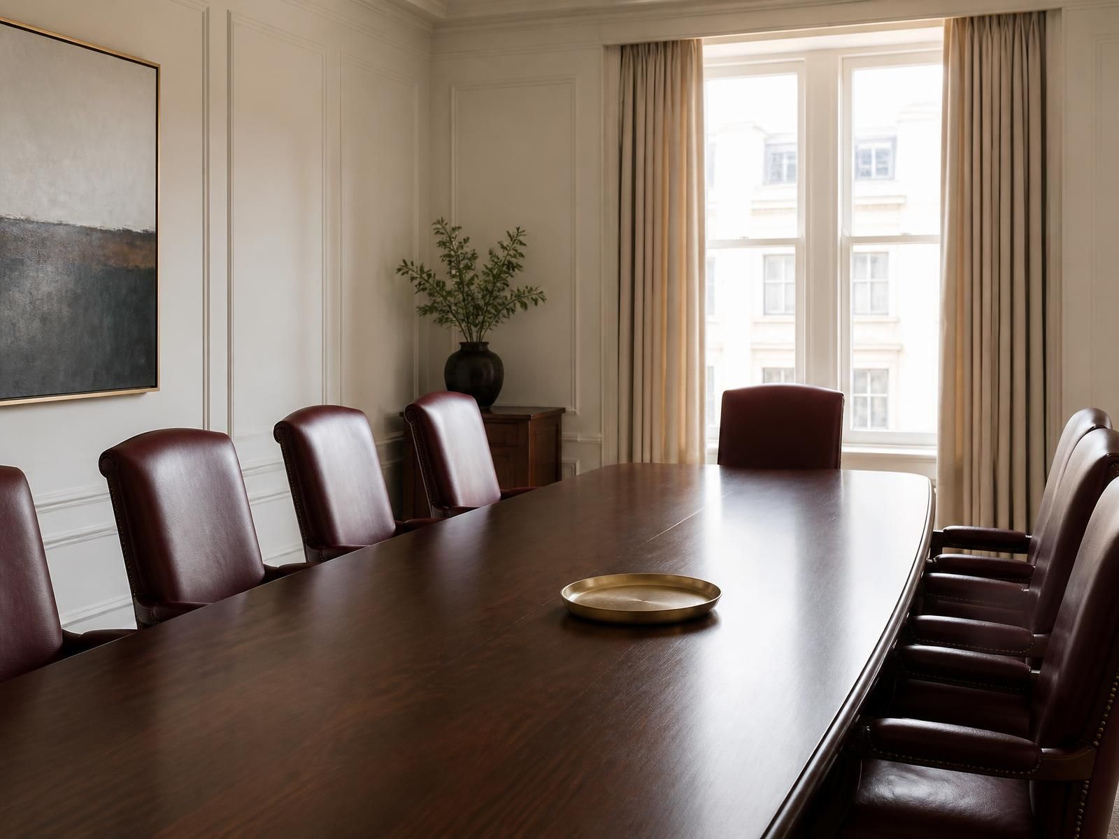 Refined boardroom with walnut table and burgundy leather chairs