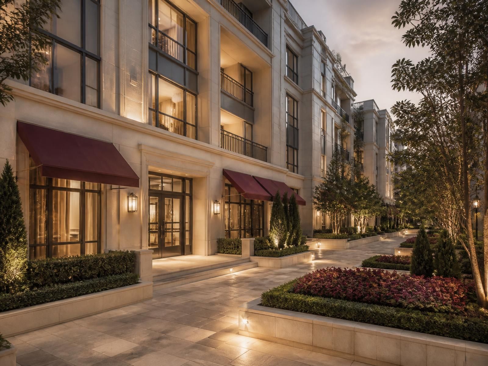 Luxury residential development exterior at dusk with warm stone facade