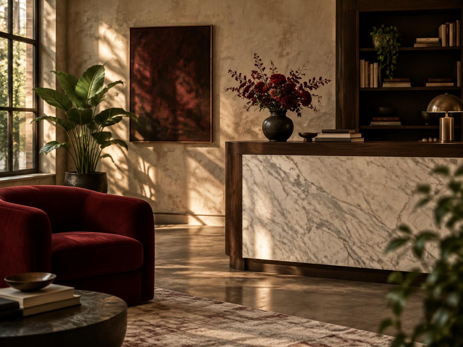 Inside the Rozi Studios space: a marble reception counter, deep red velvet armchair and warm daylight