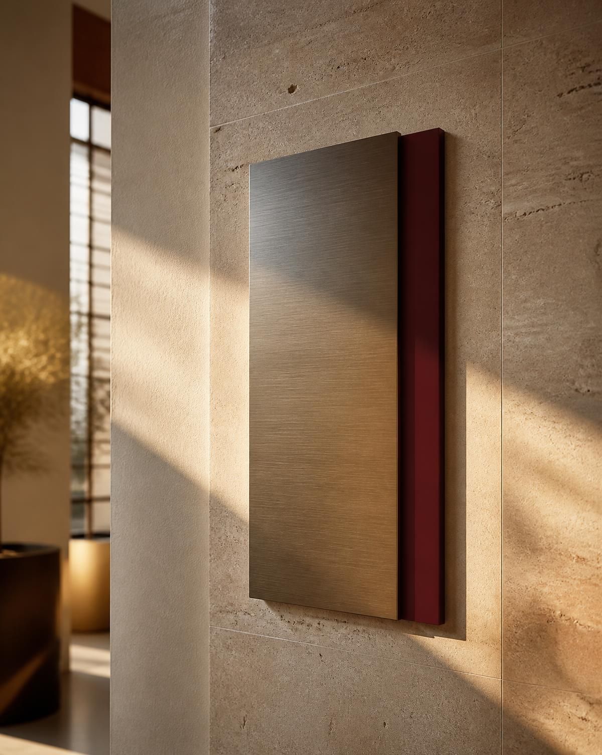 Brushed metal signage plaque with burgundy accent on a travertine wall