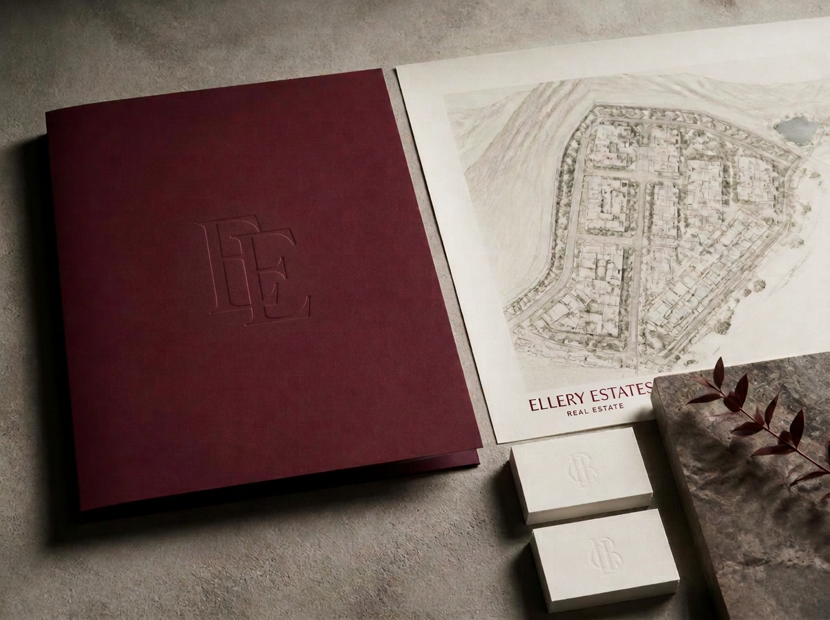 Rozi Studios burgundy presentation folder and brand materials